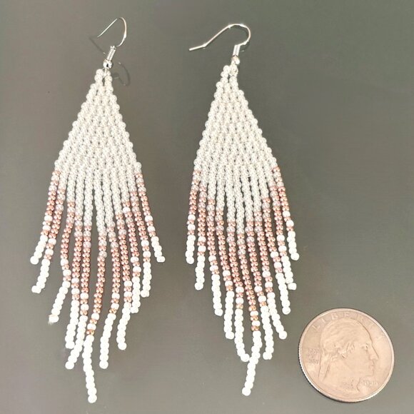 Hand Beaded Warm White Copper Gradient Chandelier Tassel Dangle Earrings New - Picture 1 of 5
